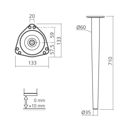 Pied de table conique - hauteur 710 mm