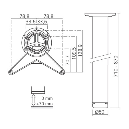 Pied de table hauteur 710 ou 870mm diam 80mm