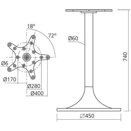 Pied de table central TULIPE carré - 740 mm