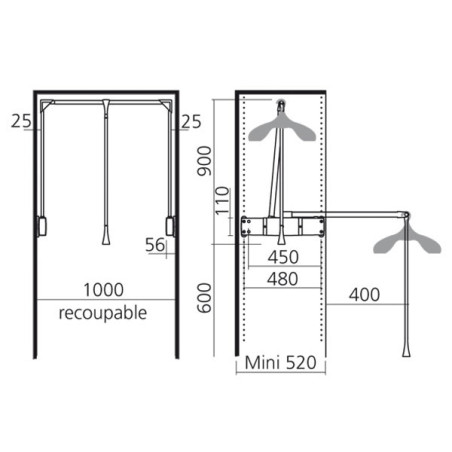 Barre de penderie escamotable usage professionnel pour caisson de meuble