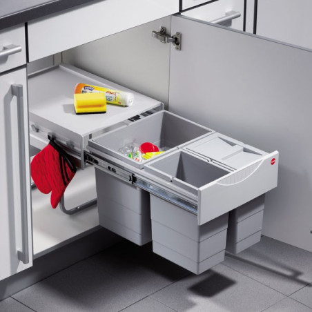 Poubelle tri sélectif coulissante 3 bacs - 35l -gris