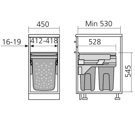 Panier à linge 2 bacs coulissant pour meuble de 450 mm